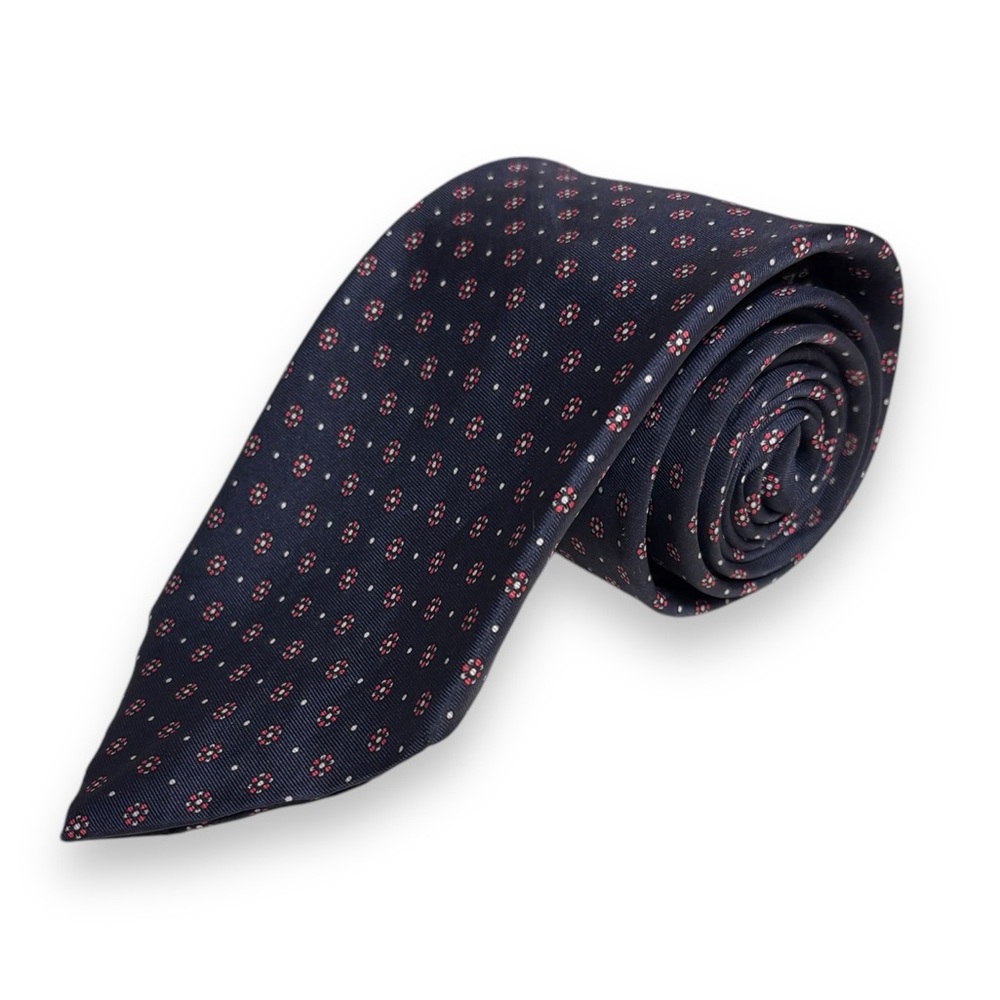 CHRISTIAN DIOR Grey Silk Tie Red & Cream Floral Pattern